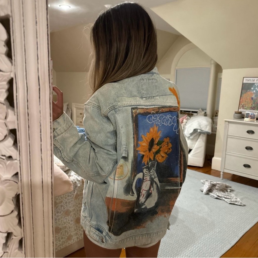 Hand-Painted Blue Denim Jacket with Sunflower Artwork